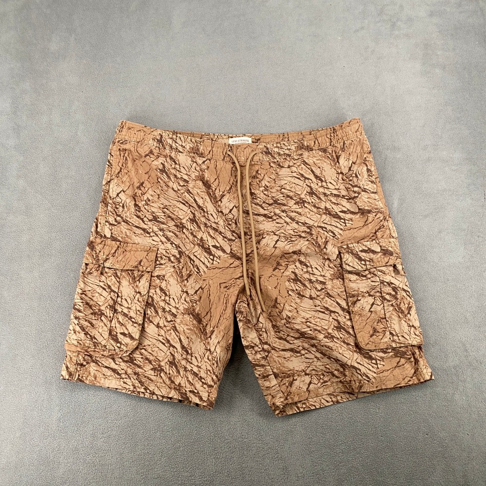 Levi Strauss Signature Mens Cargo Shorts Brown Marble Rock Print XL Elastic Wais